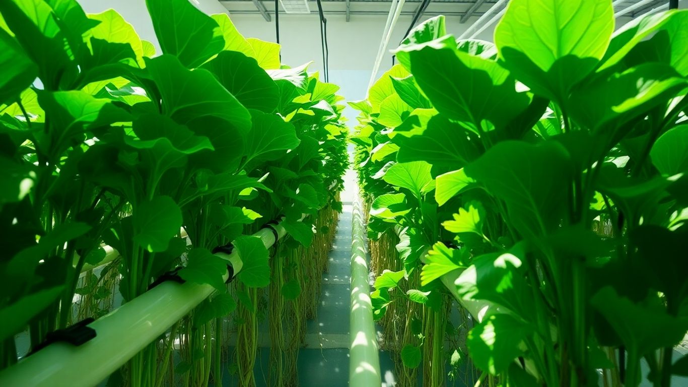 Lush green hydroponic vegetables growing indoors.