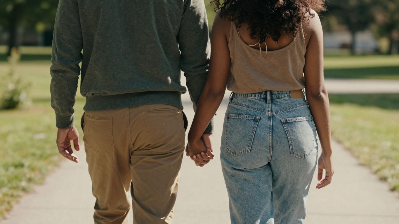 Couple walking on a sunny path, one resting head on shoulder. Working through anxious attachment.
