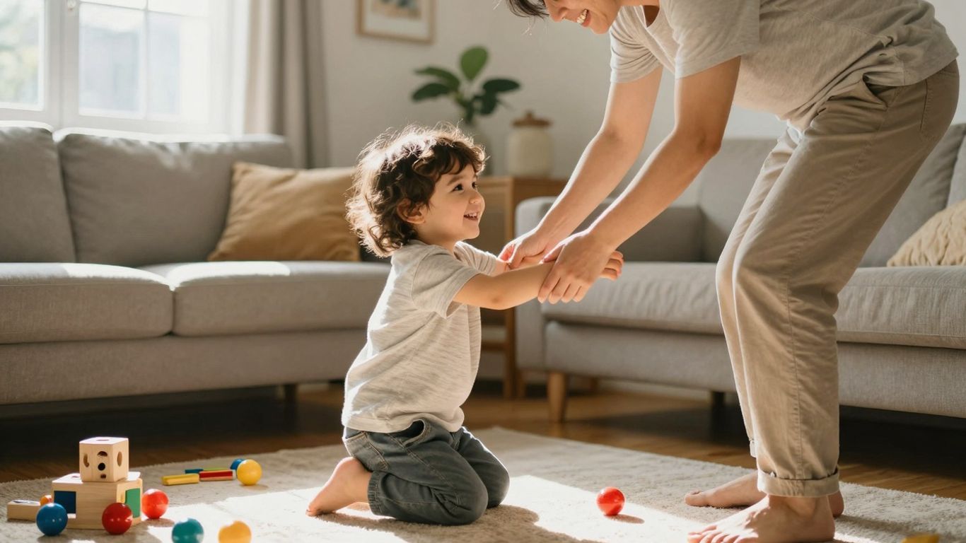 Parent and child engaging in speech practice at home.