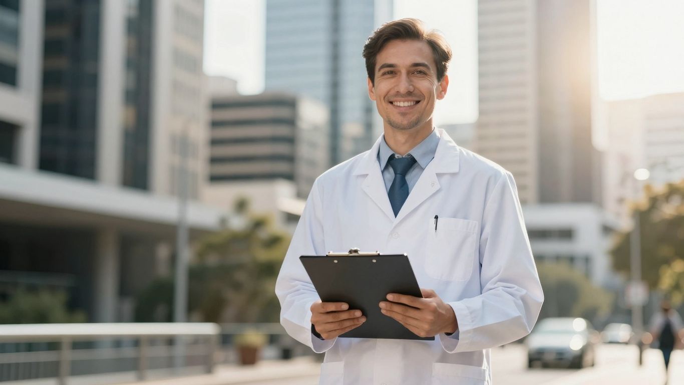 Mental health professional smiling, Australian cityscape background.