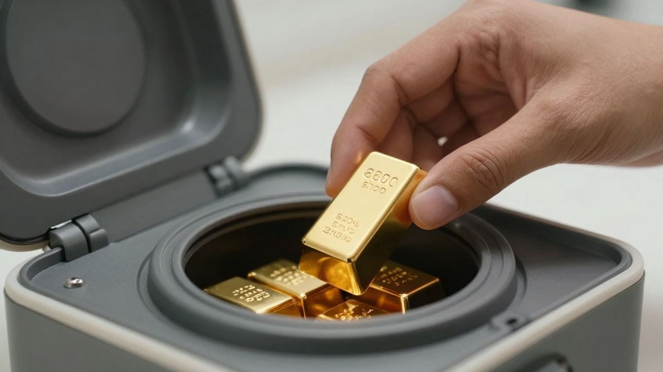 双手将金条放入储物容器中。