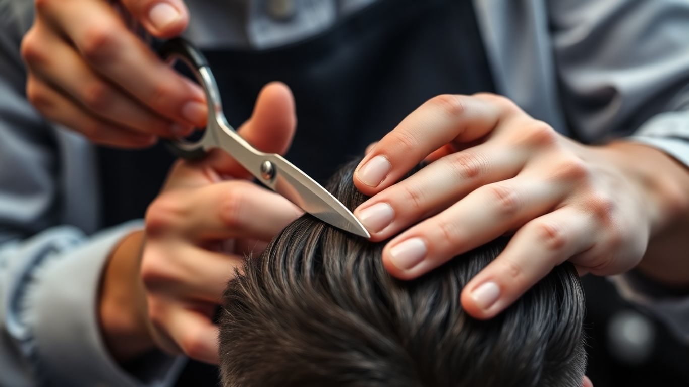 Barber's hands cutting hair with shears and comb.