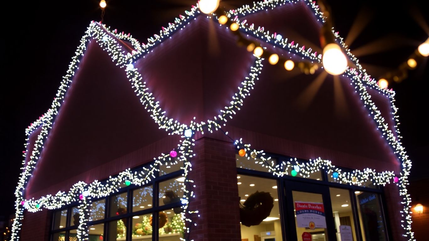 Dazzling commercial Christmas lights illuminate a business facade.
