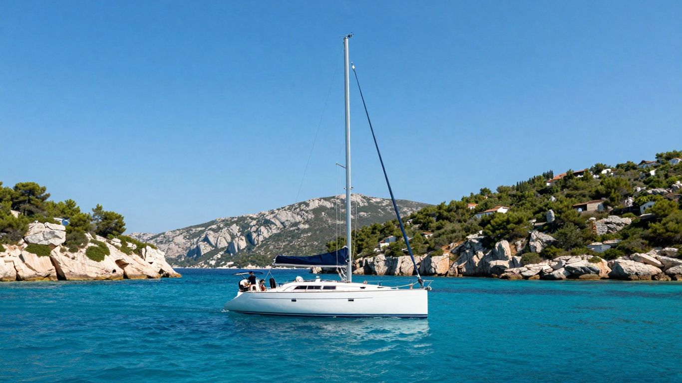Sailboat on clear Adriatic Sea near Croatian islands.
