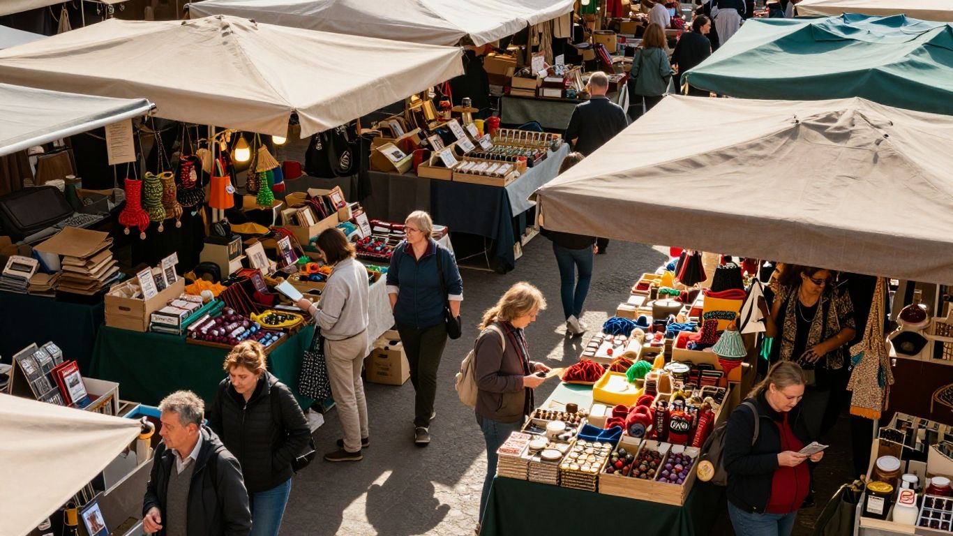 European marketplace with stalls and shoppers.