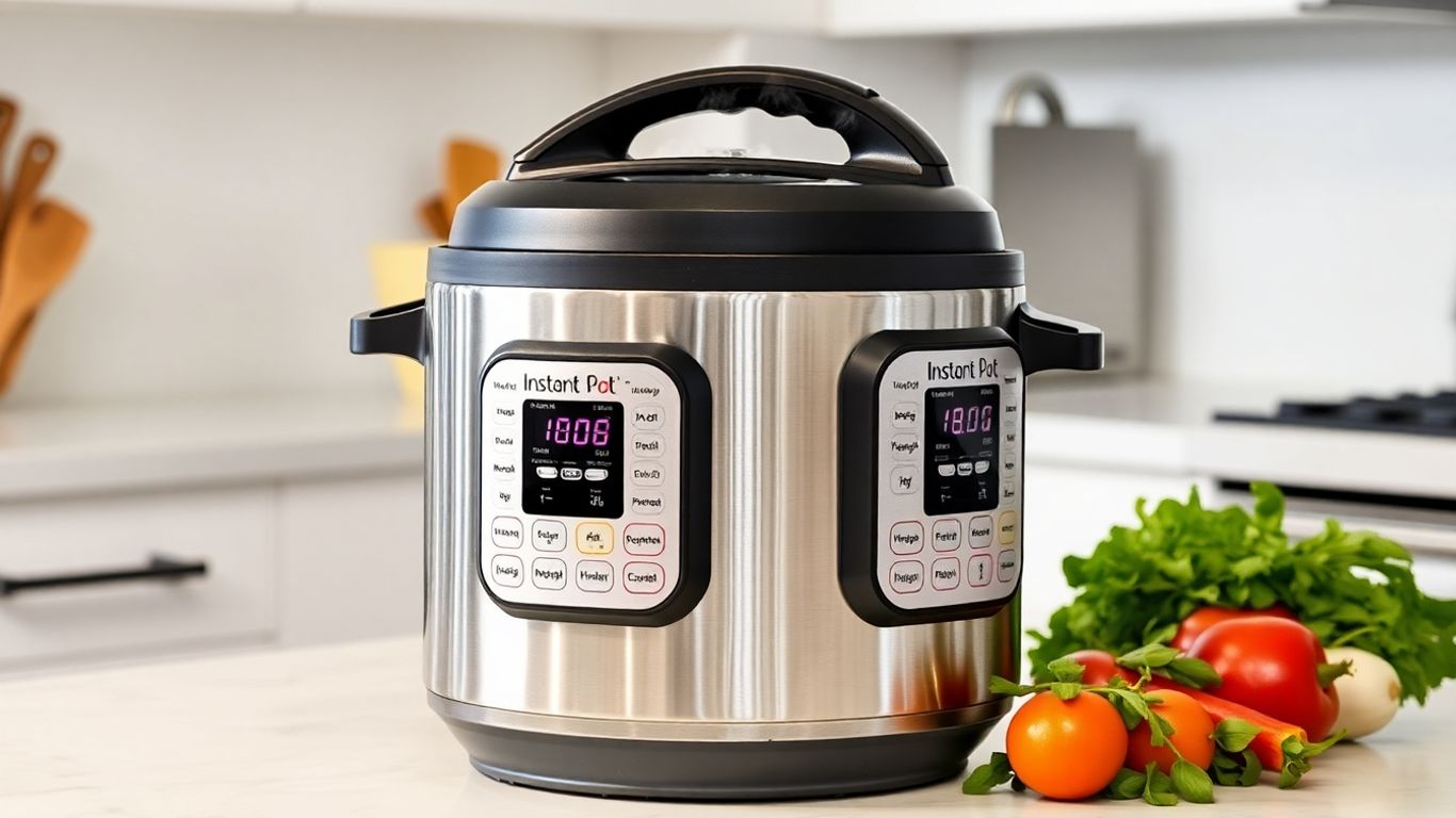 Instant Pot Duo 7-in-1 electric pressure cooker on a kitchen counter.