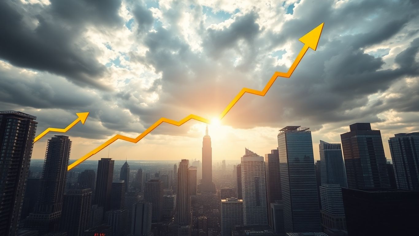 Upward stock market trend with city skyline.