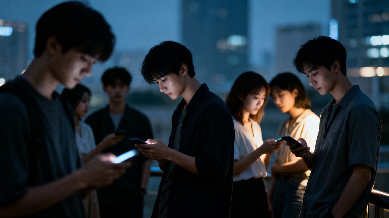 Modern romance and societal disconnection among young adults.