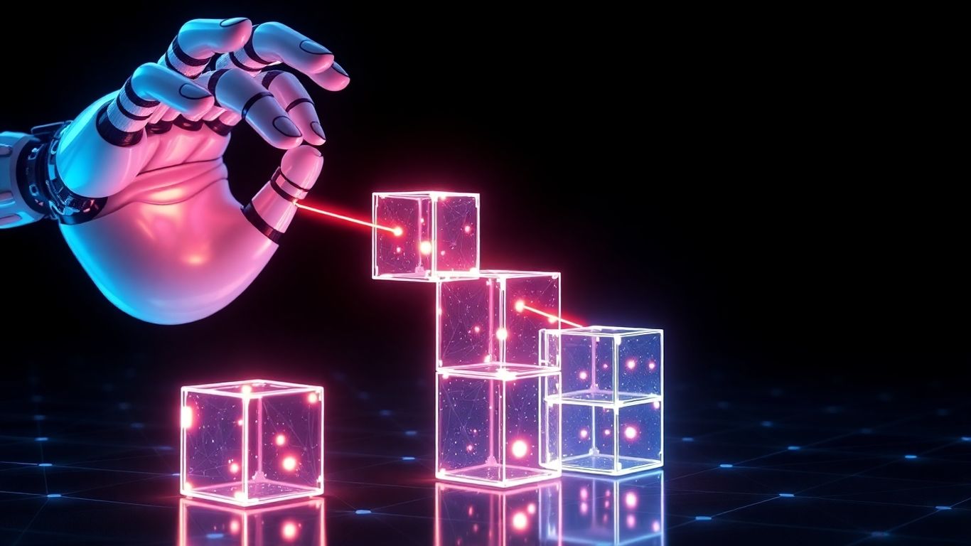 Mão robótica criando estrutura digital abstrata com blocos luminosos.