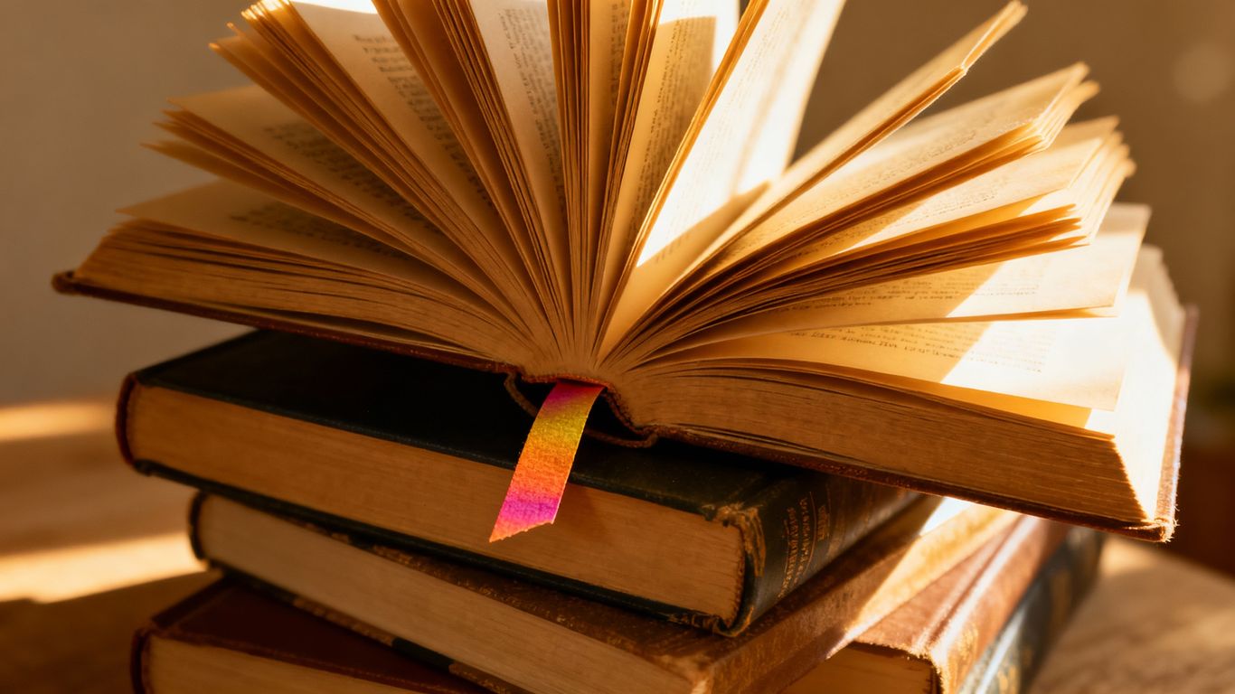 Stack of open books with sunlight and a bookmark.