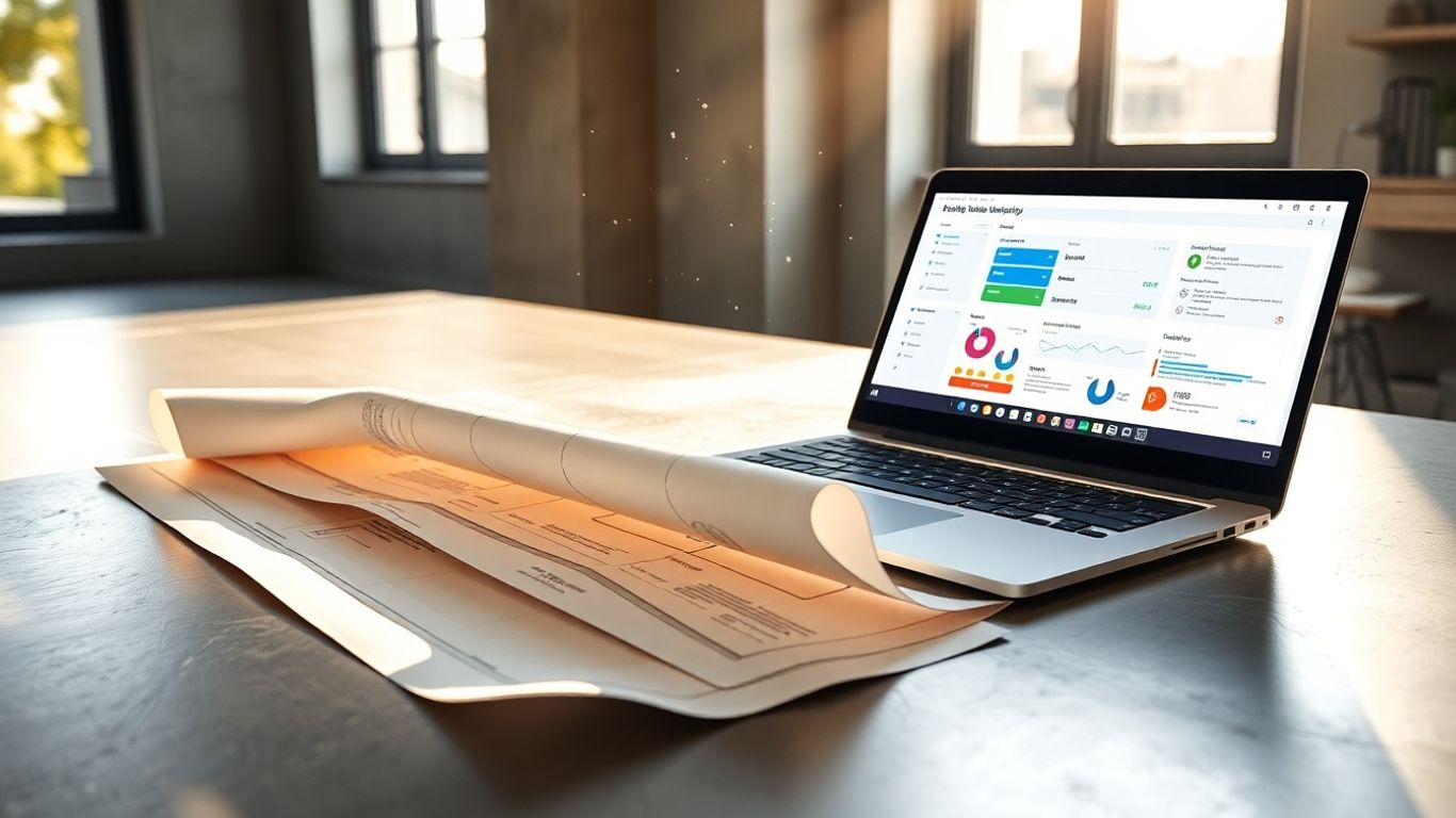 Architectural blueprint and laptop on a desk.