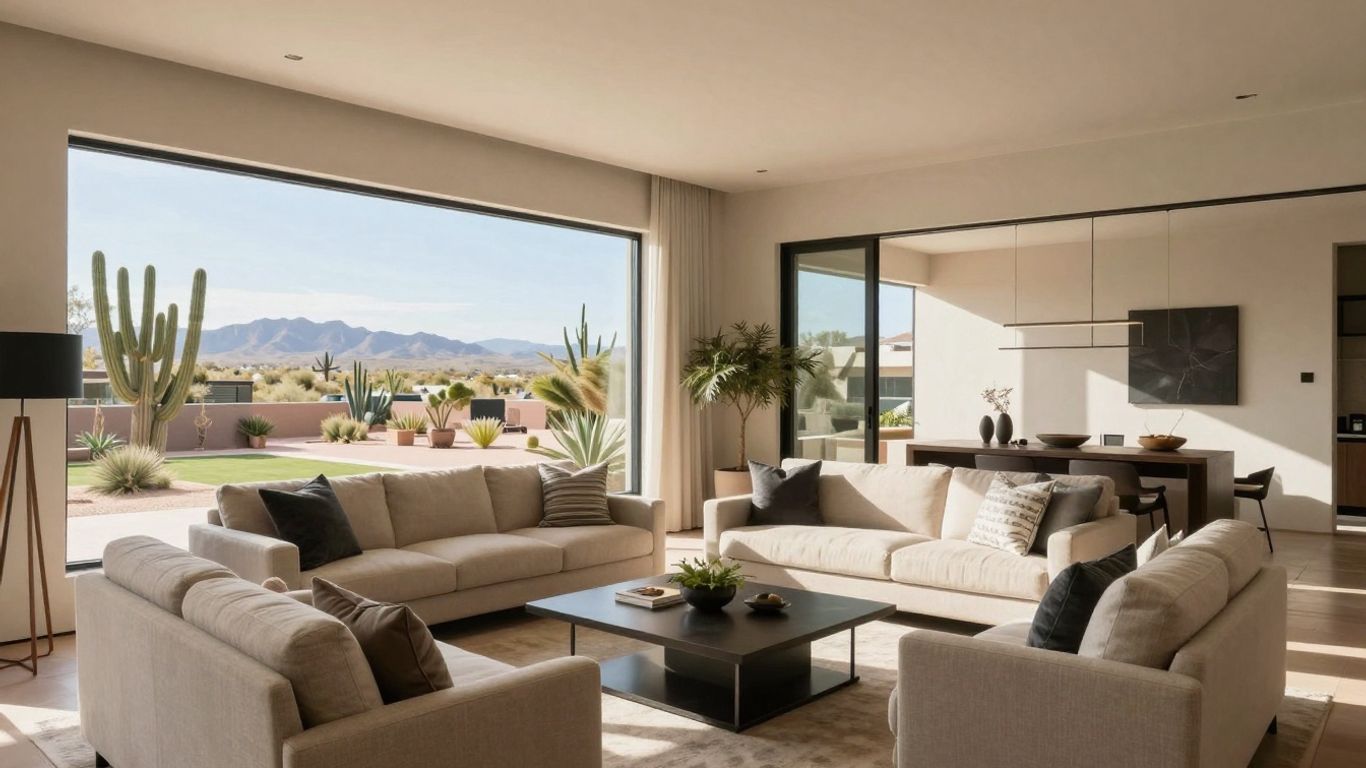 Modern home addition with large windows and desert view.