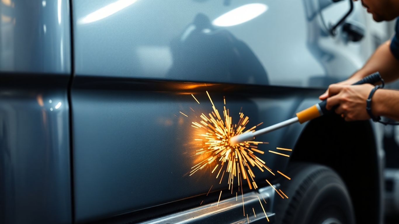 Funilaria de caminhão restaurando painel amassado.