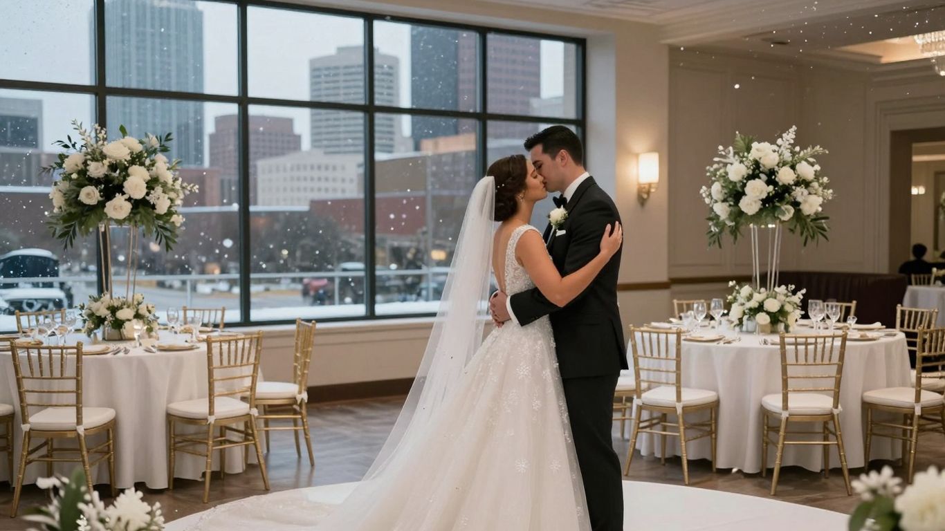 Couple at a winter wedding venue in Dallas-Fort Worth.