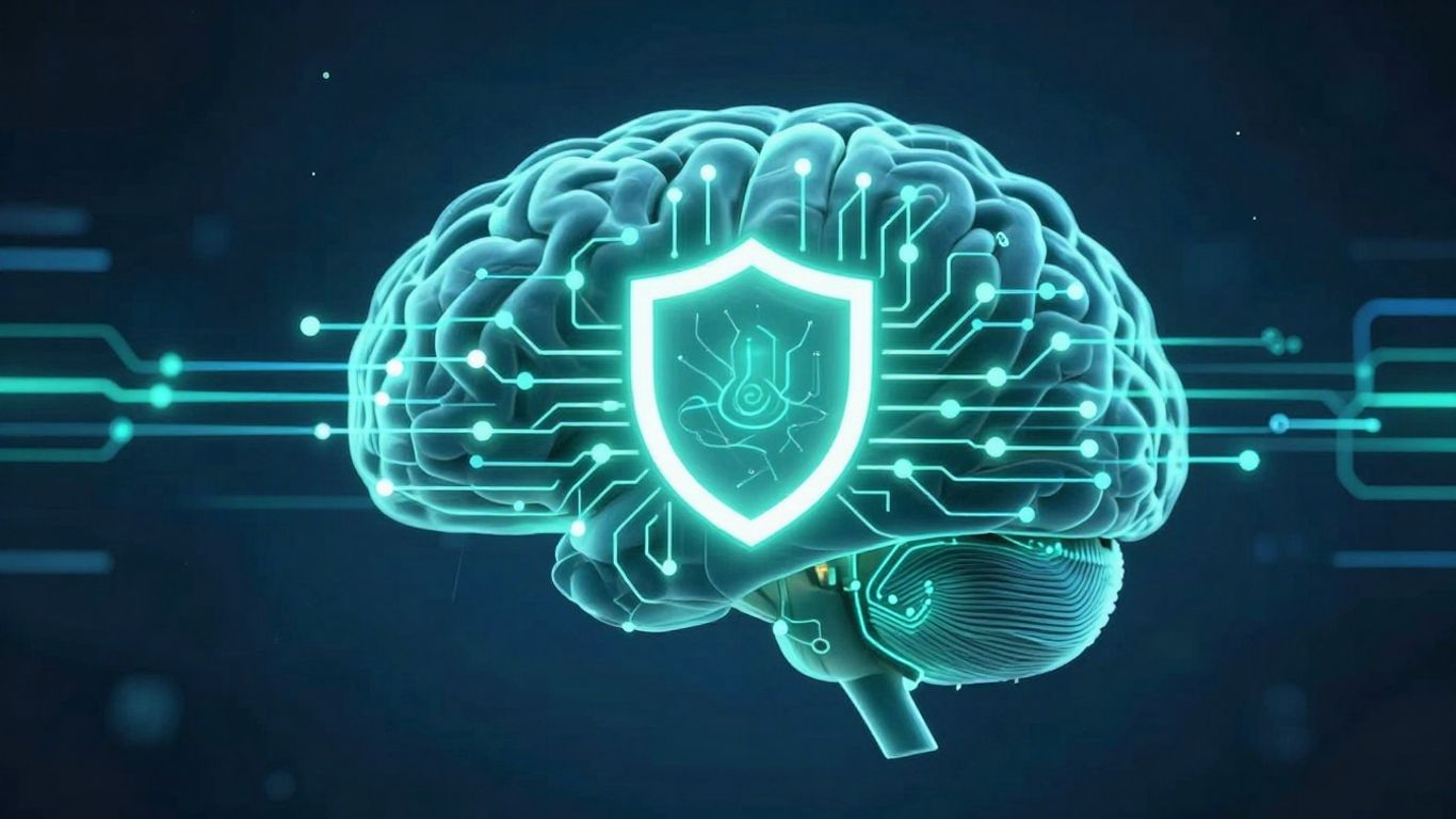 Digital brain and shield icon with data streams