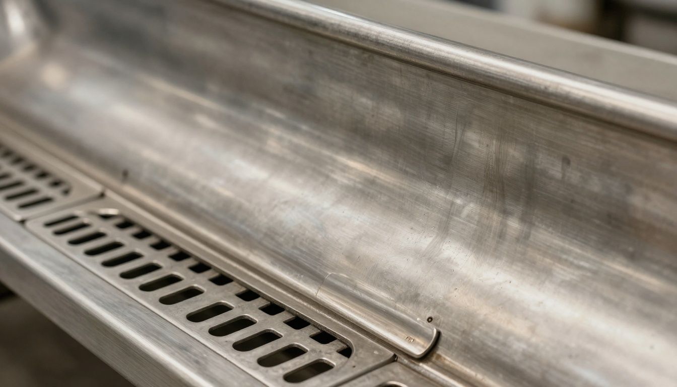 A close-up image of a curved stainless steel drainage channel made in Australia, highlighting its uniform finish and heel guard grate design.