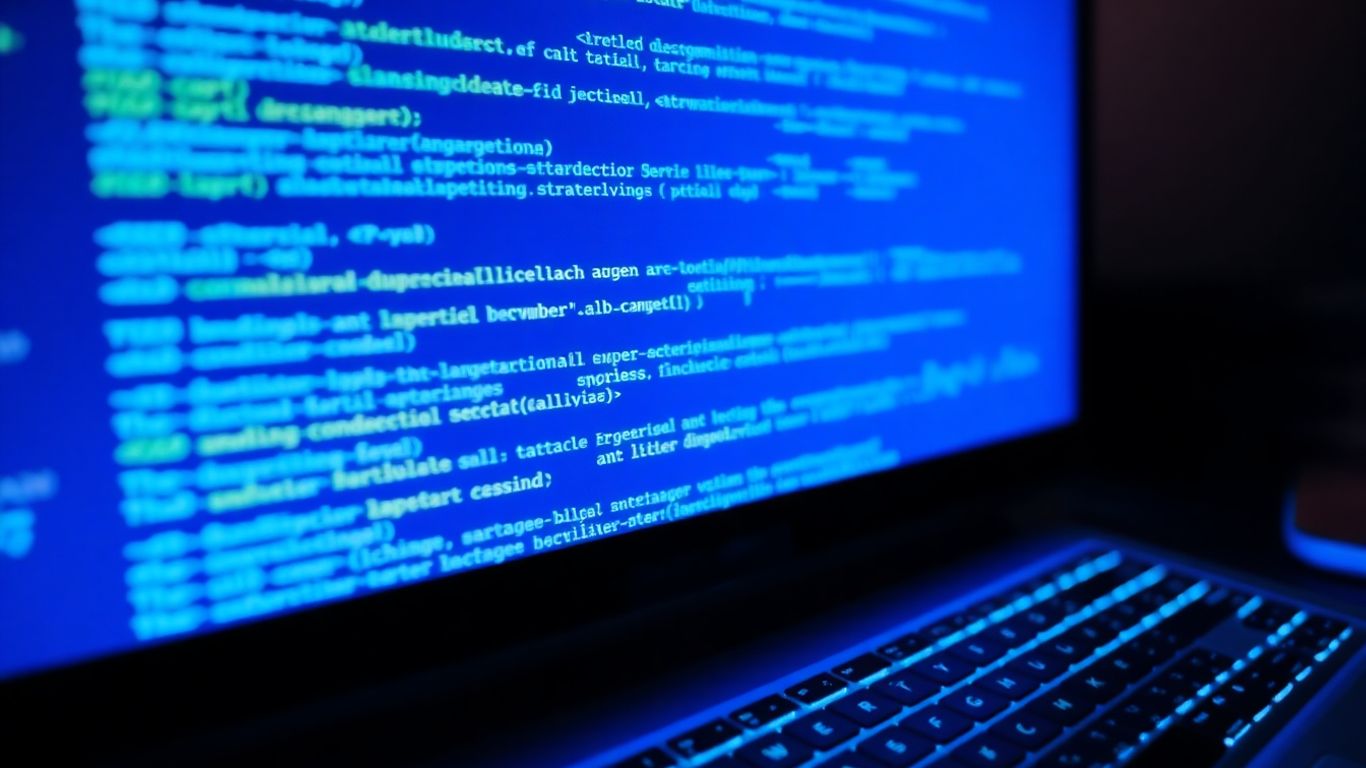 Computer screen with code, keyboard, and desk.