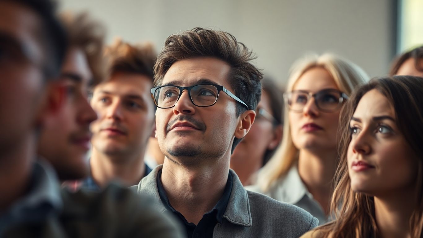 Diverse individuals looking thoughtfully into the distance.