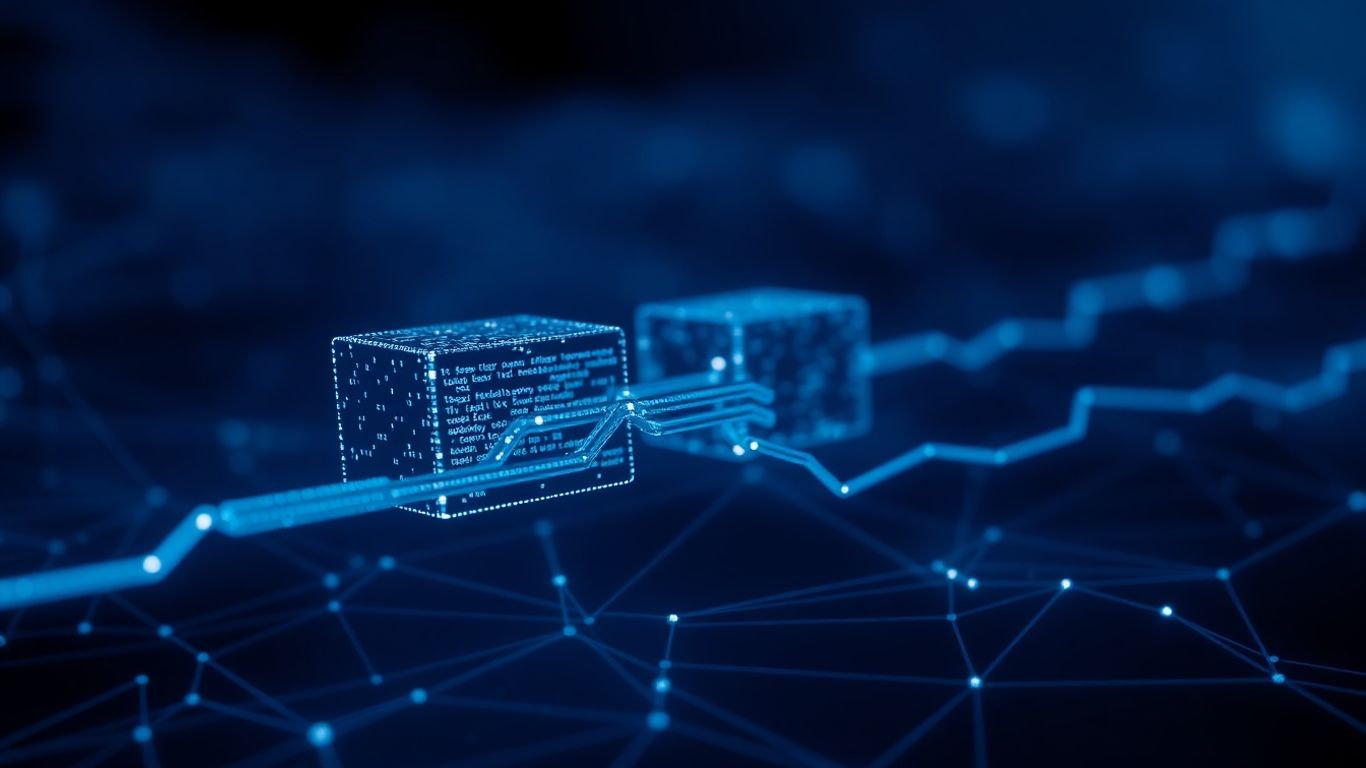 Interconnected digital blocks forming a blockchain chain.