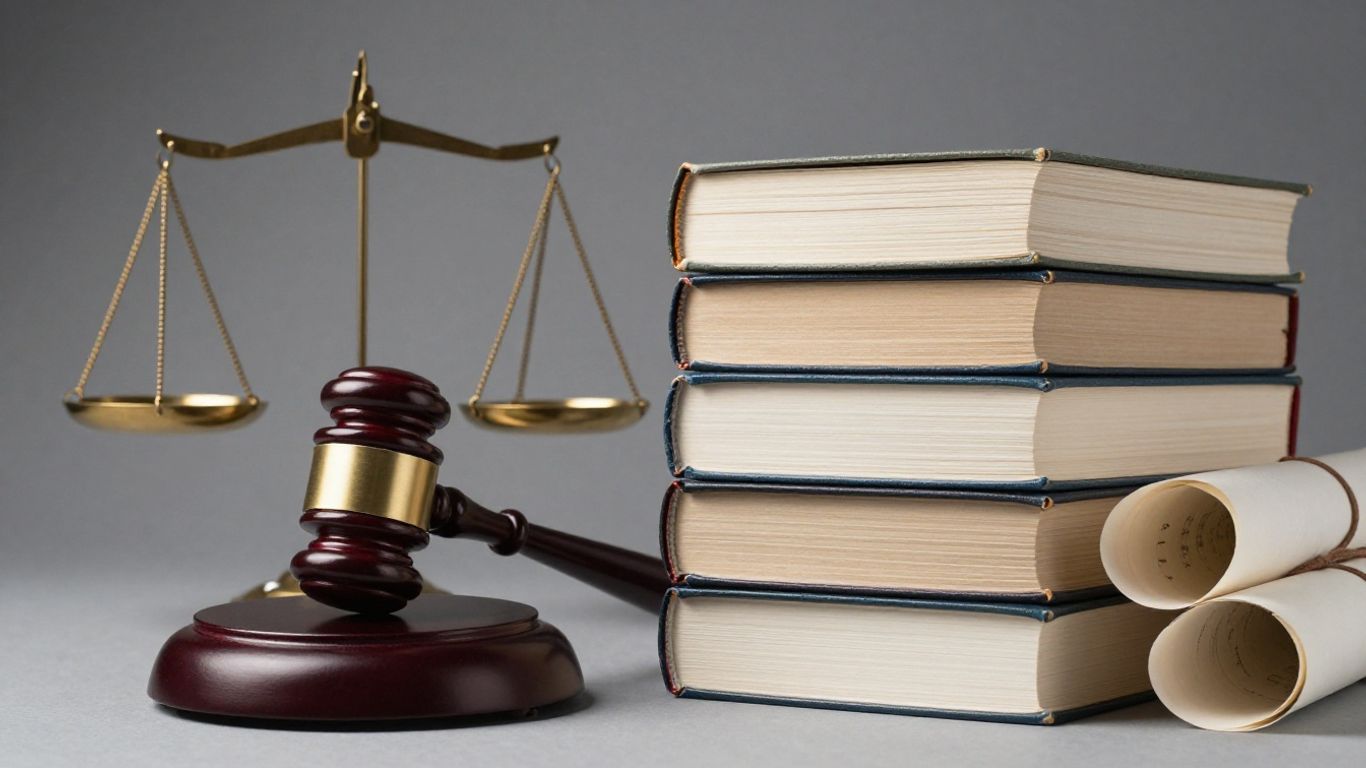 Gavel, scales of justice, and legal books.