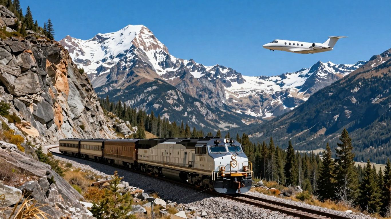 Rocky Mountaineer train and private jet in Canadian mountains.