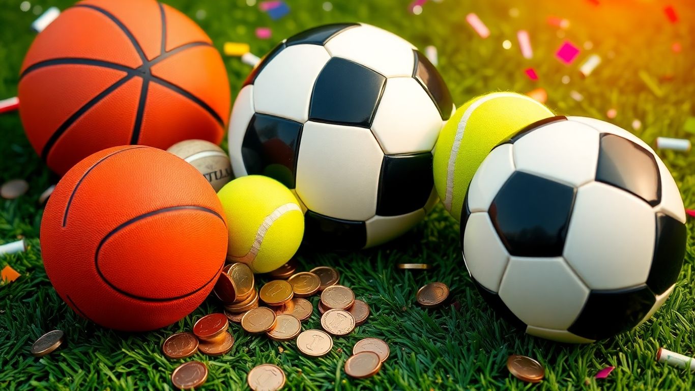 ลูกบอลกีฬาหลากหลายชนิด วางบนพื้นหญ้า