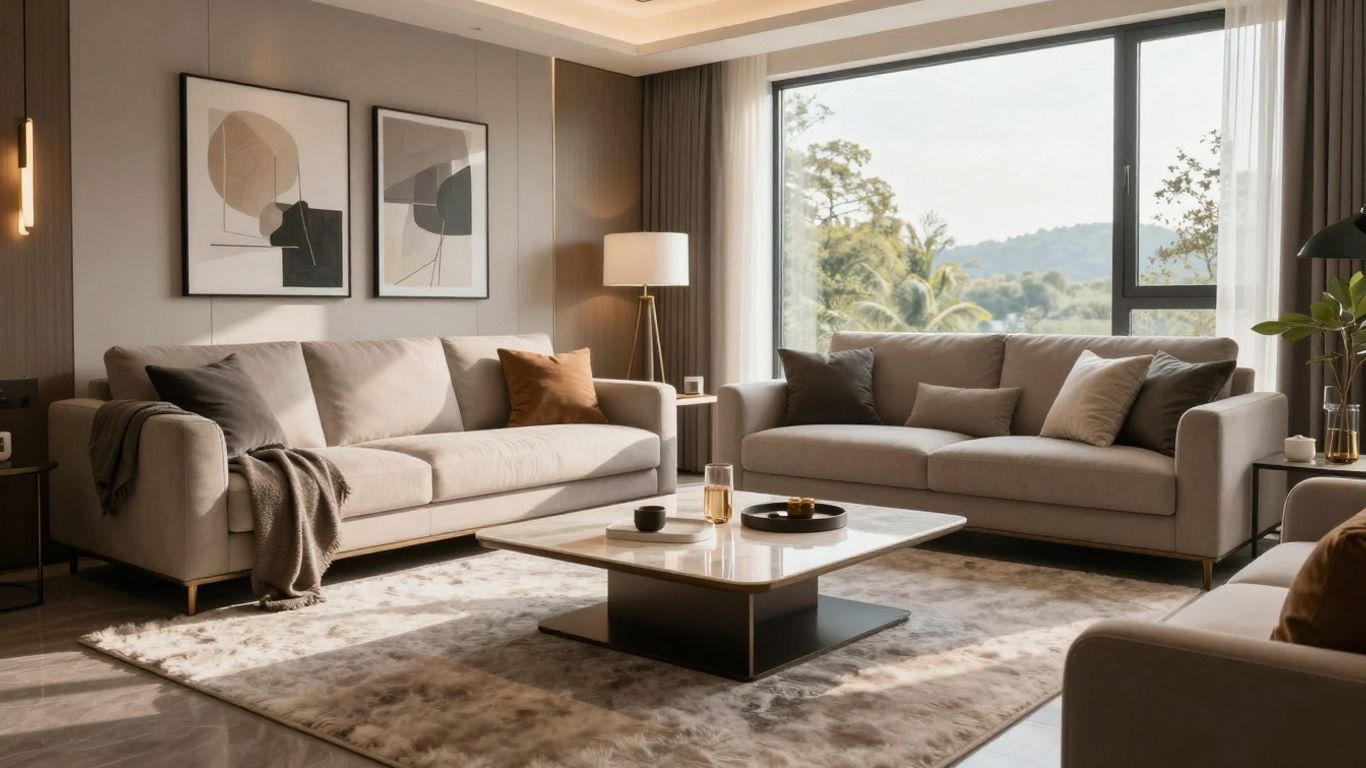 Stylish living room with furniture for Airbnb.