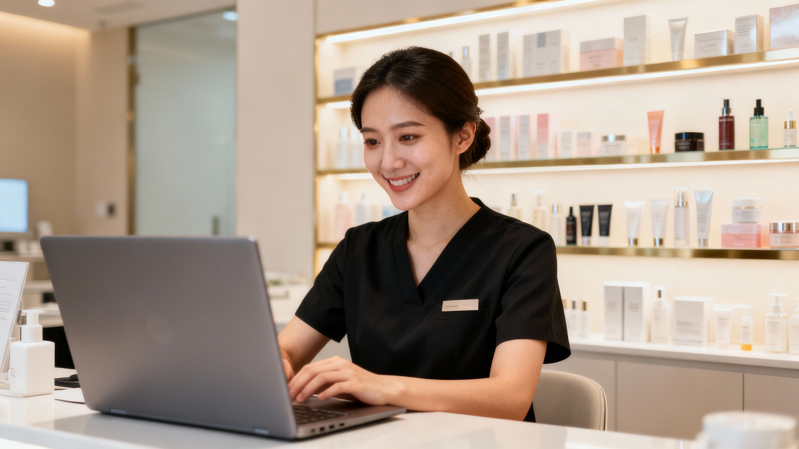 Clinic receptionist using a laptop with organized cosmetics in background.