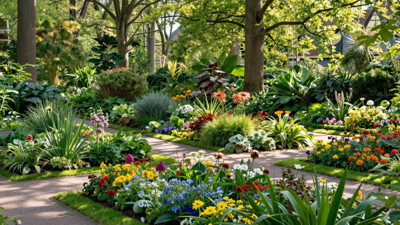 Groene paden en bloeiende planten in Arboretum Trompenburg.