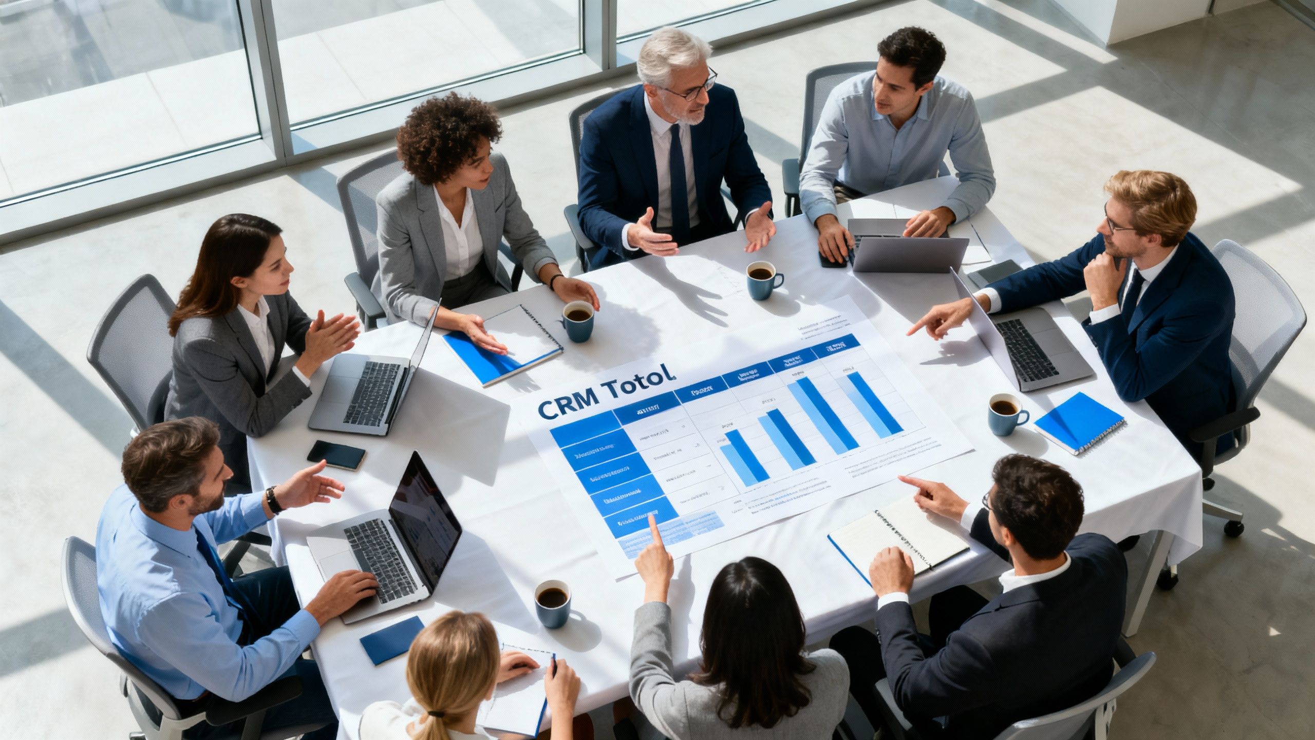 Team discussing CRM tools and options around a conference table