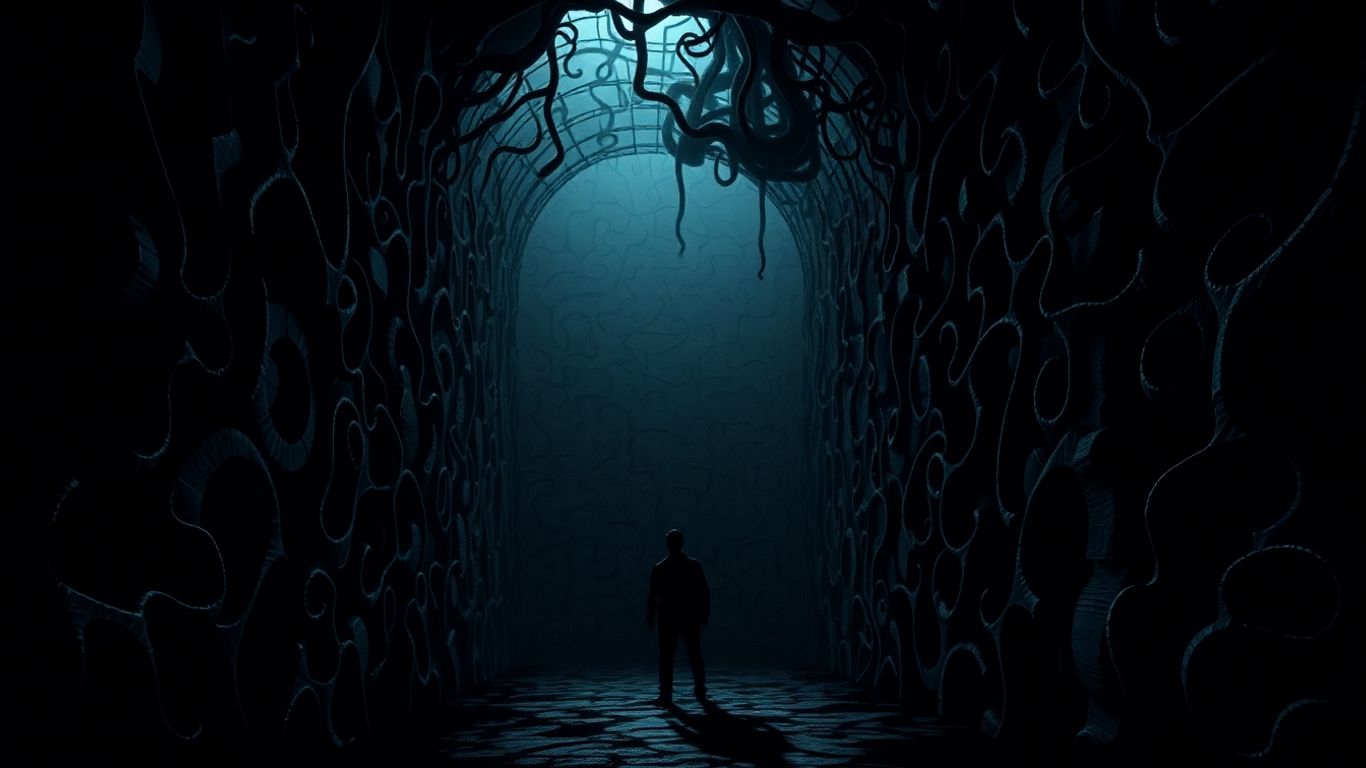 Confused person lost in a dark, winding maze.