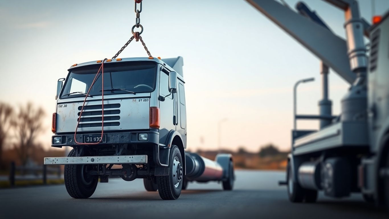 Tow truck lifting a disabled truck.