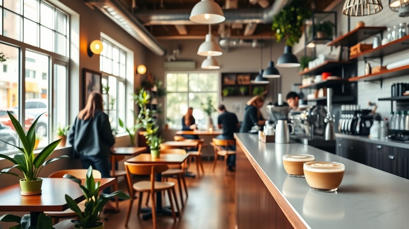 Modern coffee shop interior with baristas and customers