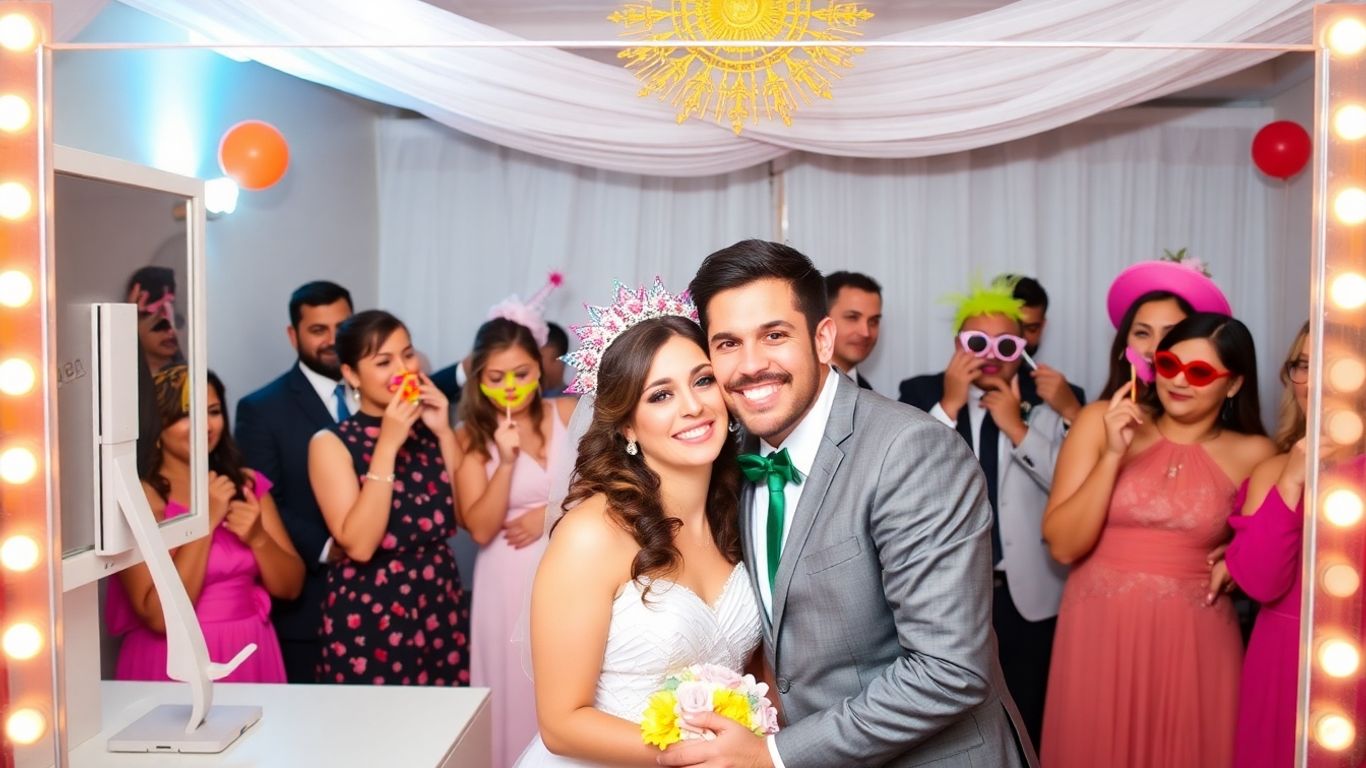 Photobooth mariage avec invités heureux et accessoires amusants