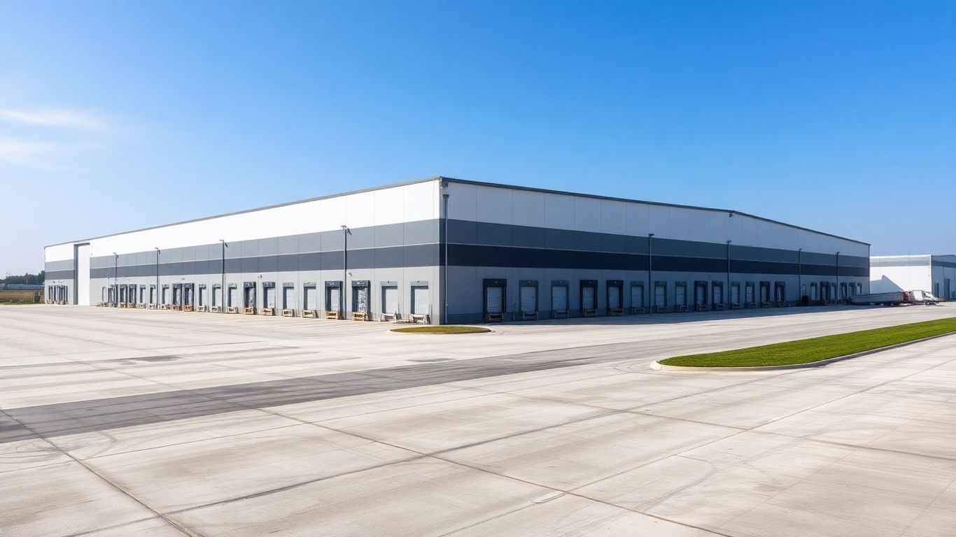 Galpão logístico moderno e espaçoso sob céu claro.