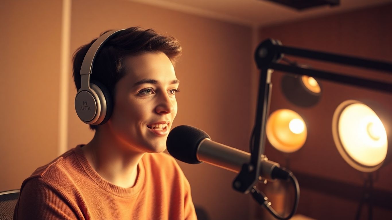 Podcast studio lighting setup with a person speaking.