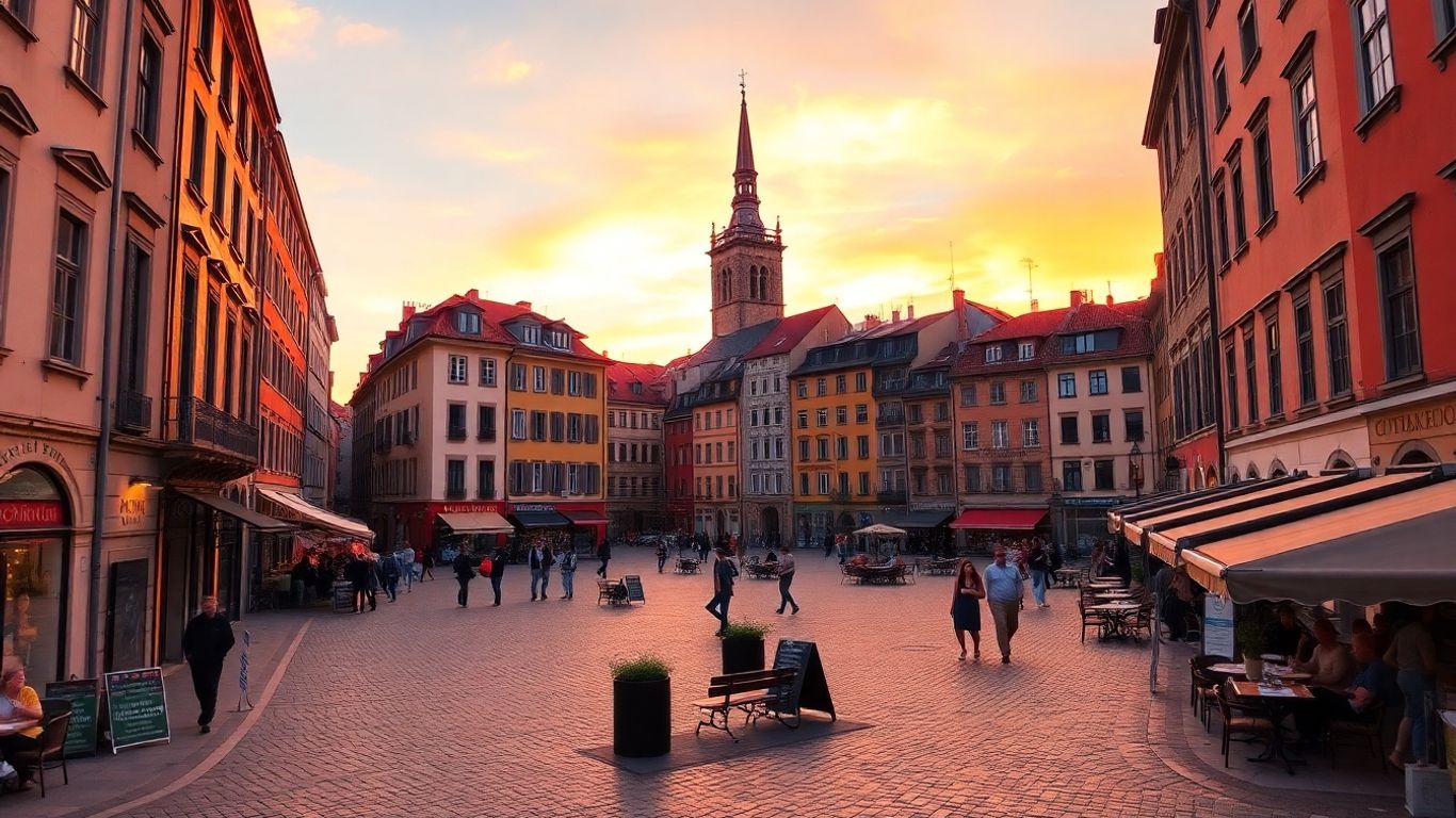 Colorful European city square at sunset with historic buildings.