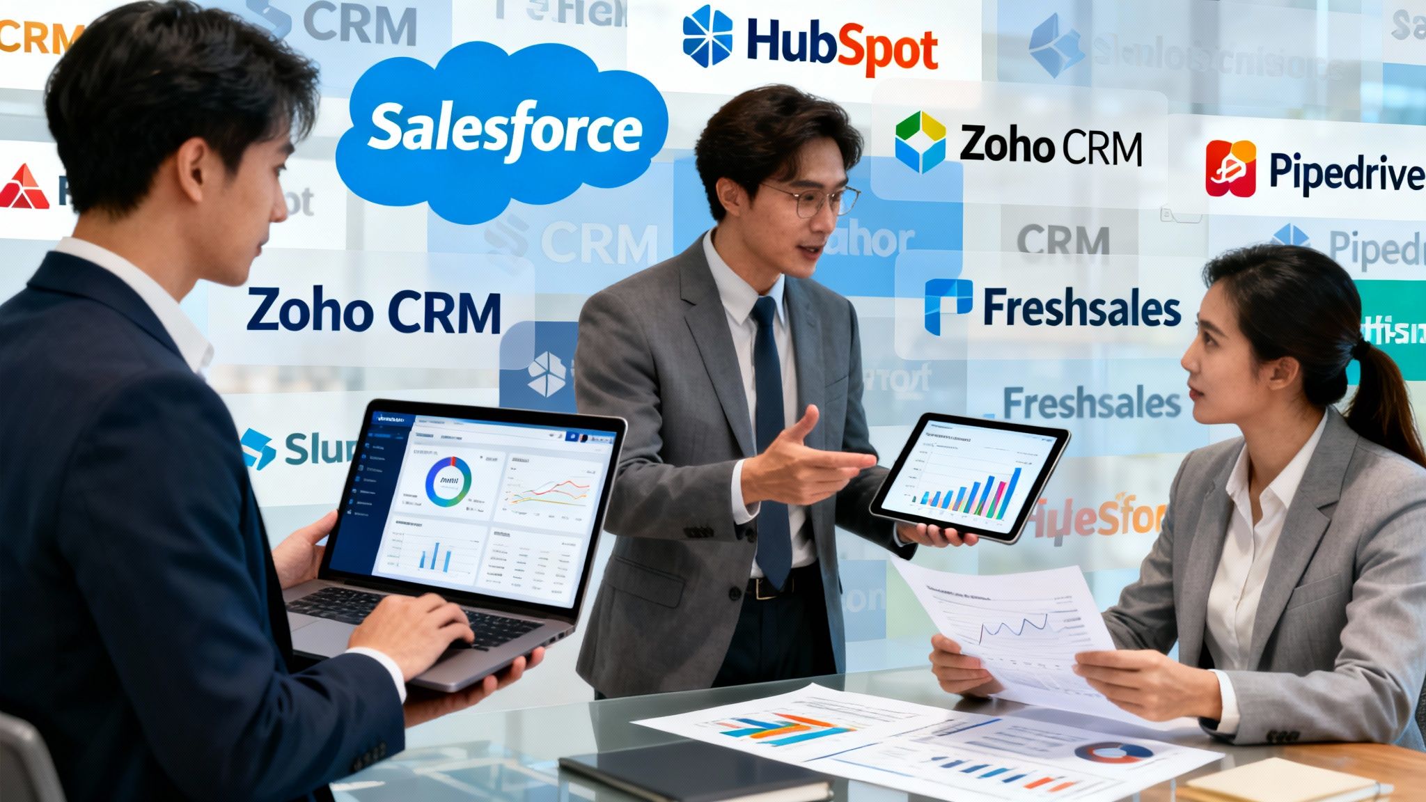 A collage concept of diverse CRM logos and business owners evaluating tech tools