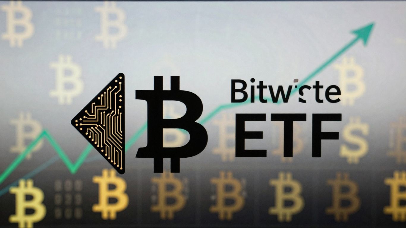 Bitwise Bitcoin ETF logo with digital currency background.