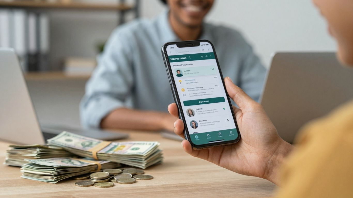 Person earning money from online surveys on phone.