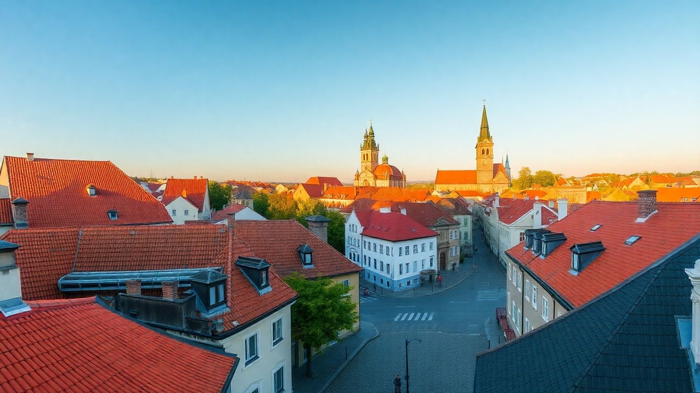 Urokliwe uliczki Wilna, zabytkowe dachy i kościoły.