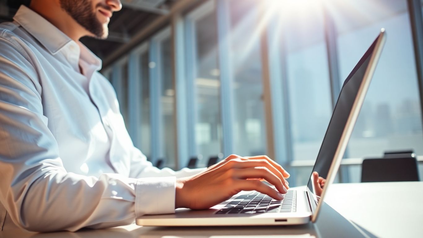 Business person working on laptop in office