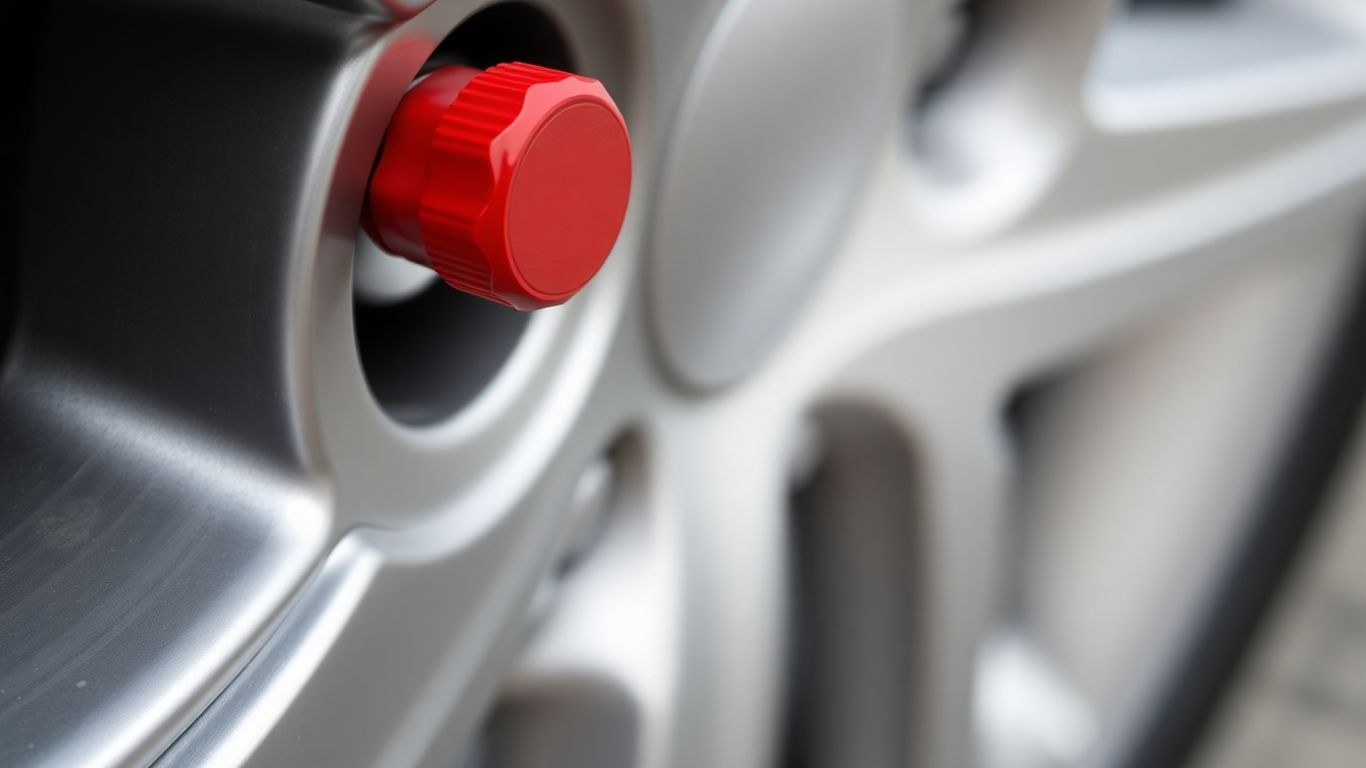 Car wheel with a colored valve cap.