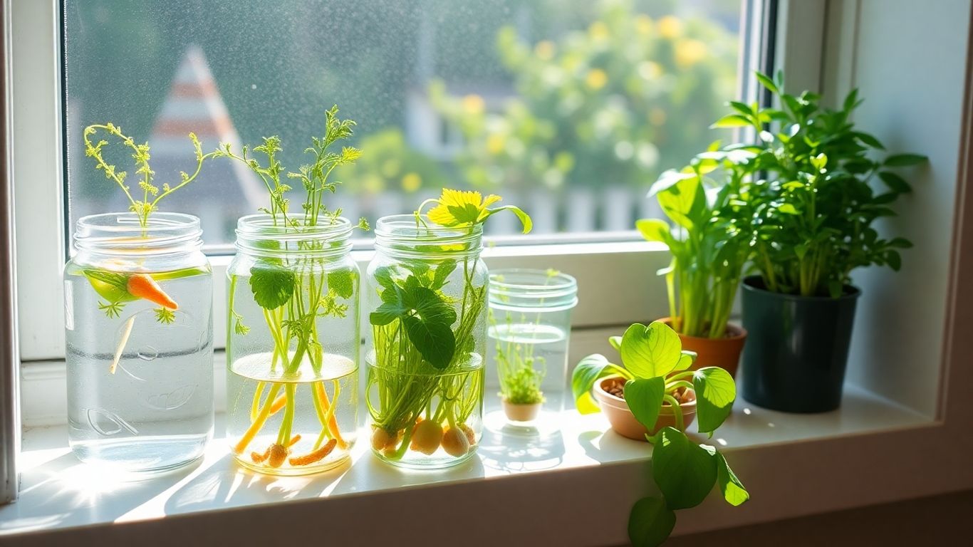 Frische Kräuter und Gemüse wachsen auf einer sonnigen Fensterbank.