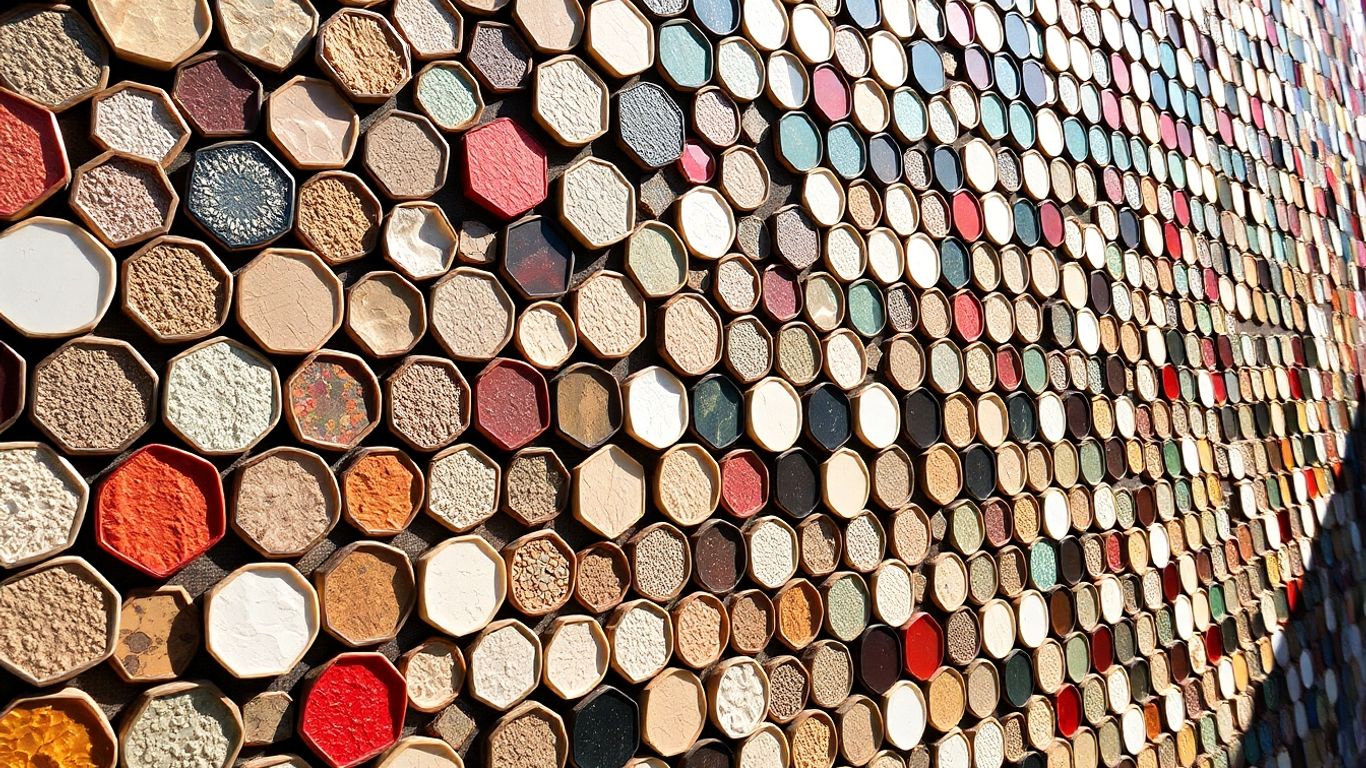 Hexagon mosaic tiles in various colors and patterns.