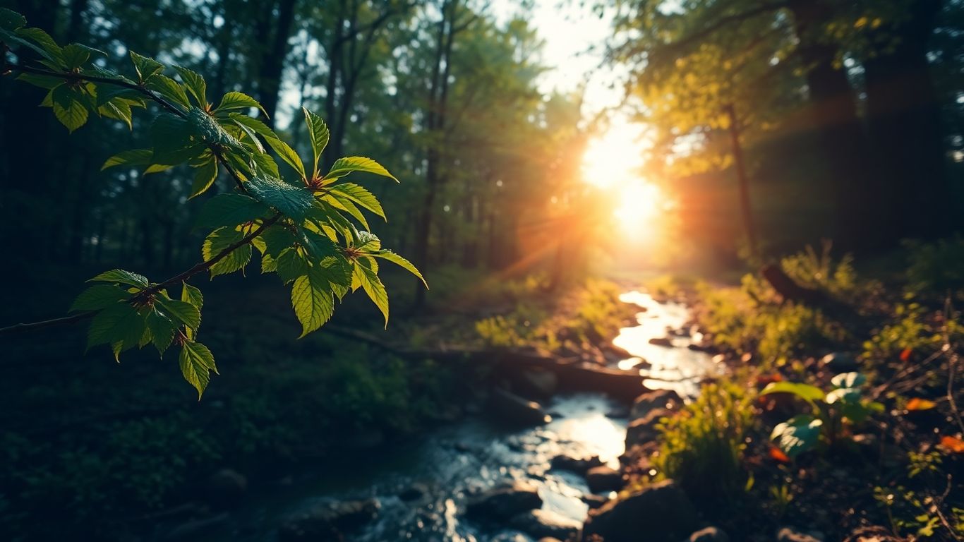 Nature's cycles: sunrise, forest, and flowing water.