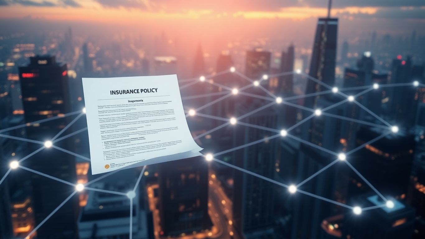 Blockchain network connecting futuristic insurance cityscape.