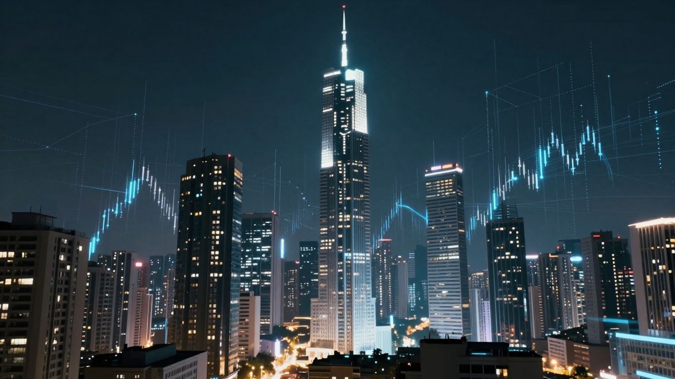 Futuristic cityscape with digital streams and geometric patterns.