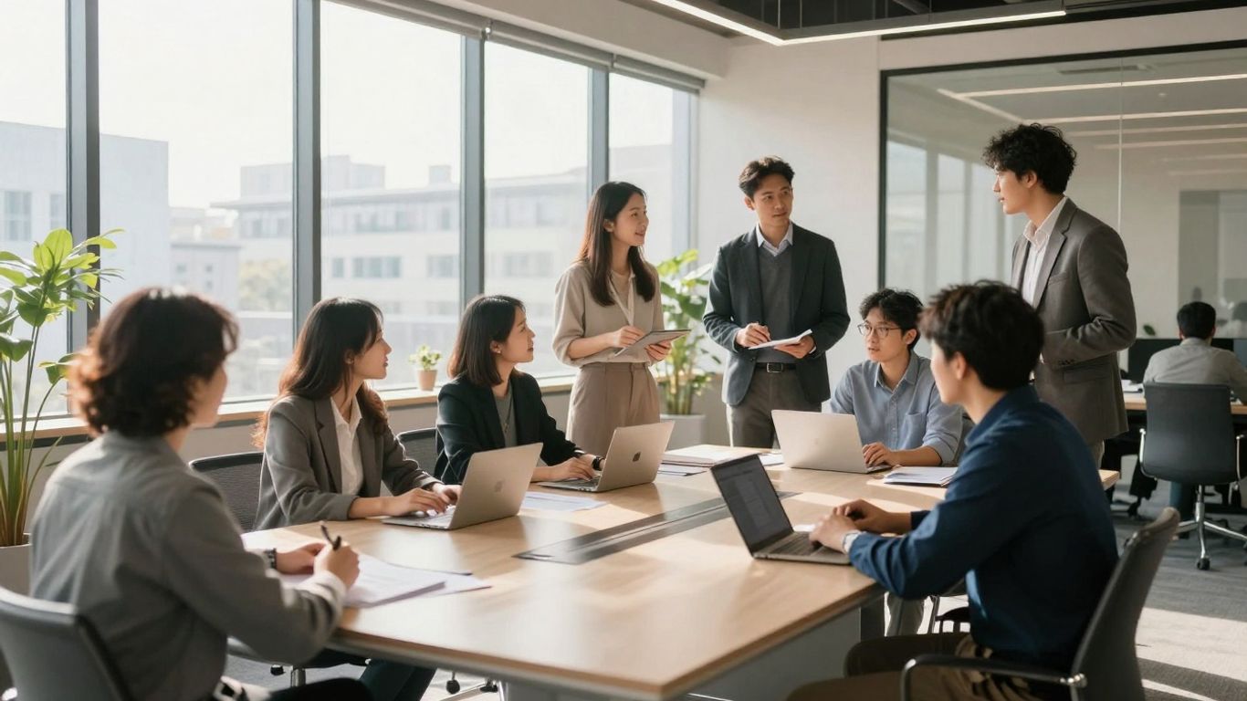 Business professionals collaborating in a modern office setting.