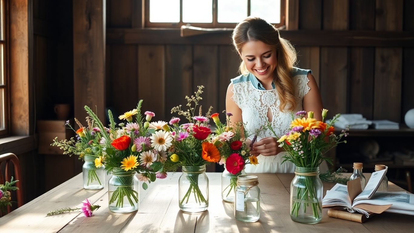DIY wedding decor with flowers and happy couple.